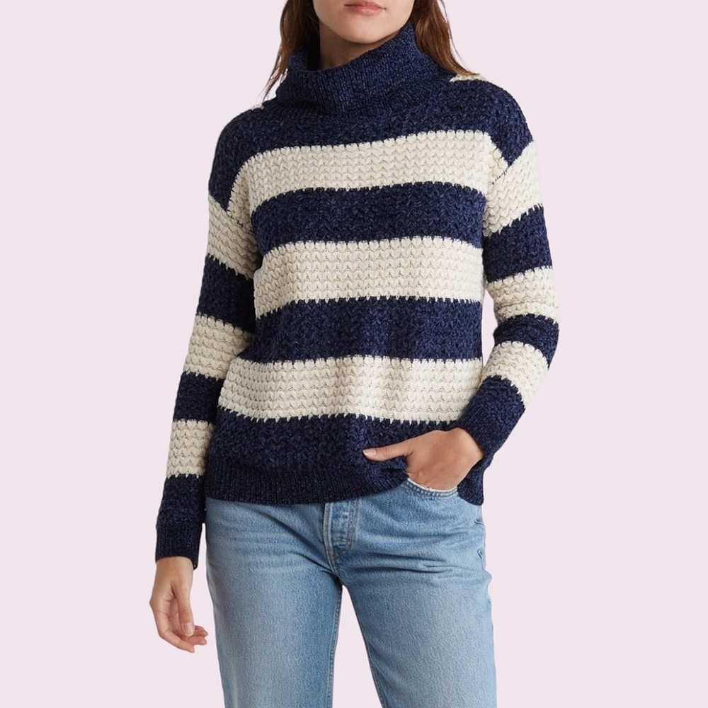 NEW Rain and Rose Navy and Ivory Striped Turtleneck Chenille Sweater Size Large